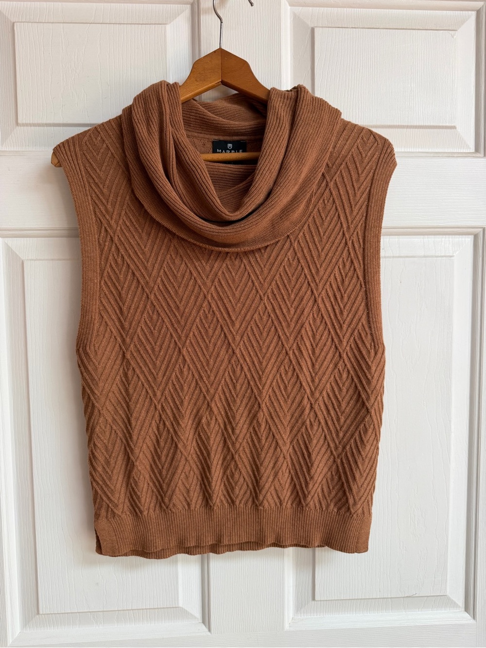 MARBLE Ribbed Diamond Knit Sleeveless Cowl Neck Sweater Vest in Brown